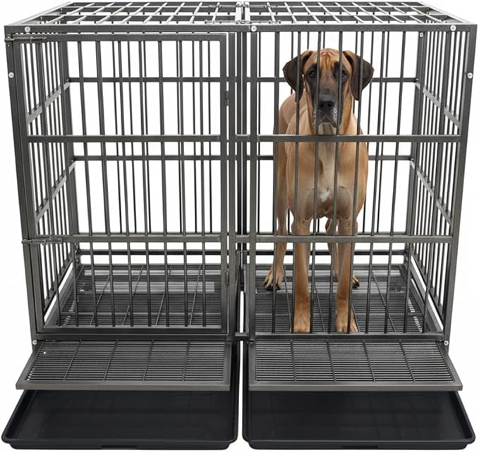 54 Inch Heavy Duty Dog Crate Cage with Wheels, Indestructible and Escape Proof Steel Kennel Indoor for High Anxiety Dogs with Sturdy Locks, Double Door and Tray, Extra Large XL XXL