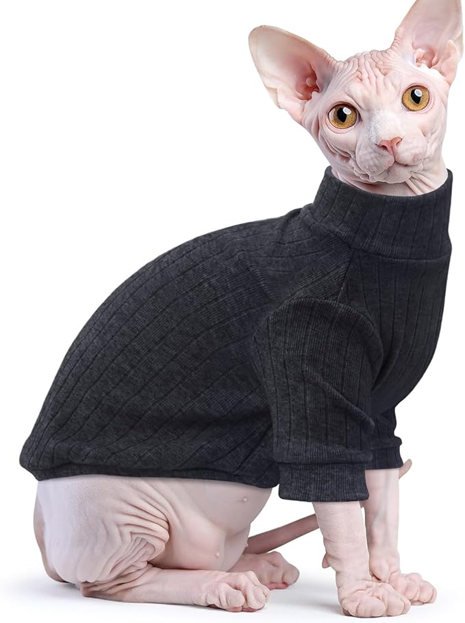 Idepet Sphynx Hairless Cats Sweater Shirt Kitten Soft Puppy Clothes Pullover Cute Cat Pajamas Jumpsuit Cotton Apparel Pet Winter Turtleneck for Cats and Teacup Chihuahua Small Dogs(Black,XS)