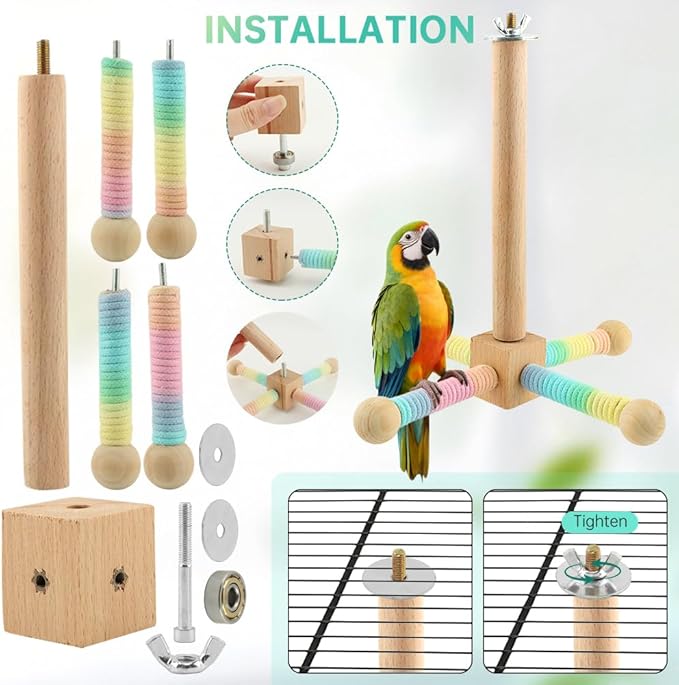 Spinning Bird Perch Toy, Interactive Wooden Exercise Stand with 4 Rotating Perches for Parakeets, Budgies, Cockatiels, Conures & Small Medium Parrots(Colorful,Size:/)