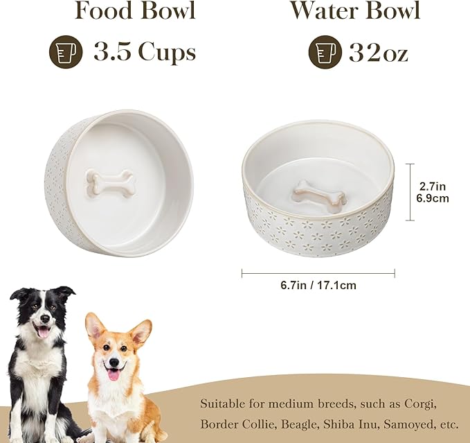MALACASA Ceramic Dog Food Bowl, 3.5 Cups or 32oz Dog Food Water Dish for Mudium Breeds, Pet Bowl Dishwasher & Microwave Safe, Five-Leaf Grass, Series Lydia
