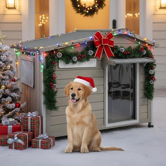 Large Outdoor Dog House Waterproof for Small to Large Sized Dogs with Openable Asphalt Roof, Anti-Chewing Iron Frame, Window, Weatherproof Indoor Outside Kennel Puppy Shelter (40" L*26.4" W*33.5" H)