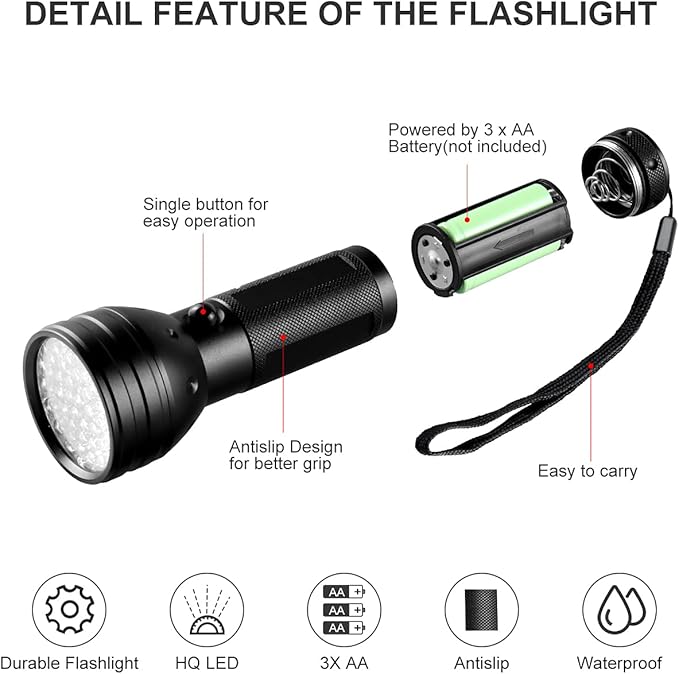 UV Flashlight Black Light, 51 LED UV Light Handheld Blacklight, Pet Urine Detectors 395nm Detector for Pet Urine, Dog/Cat Urine Stains, Bed Bug and Scorpions（Battery Not Included）