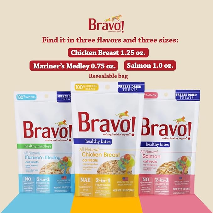 Bravo! Healthy Bites Single Ingredient Freeze Dried Raw Cat Treats, Salmon, 1 Ounce, High Protein, Grain Free, Gluten Free (Pack of 3)