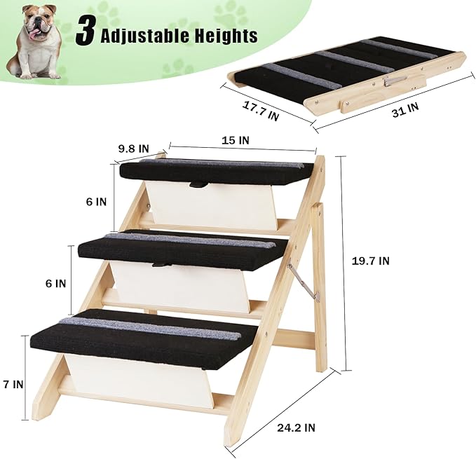 2-in-1 Indoor Pet Ramp, Wooden Folding 3-Tier Pet Stairs with Non-Slip Carpeted Steps, Ramp Perfect for Bed and Couch