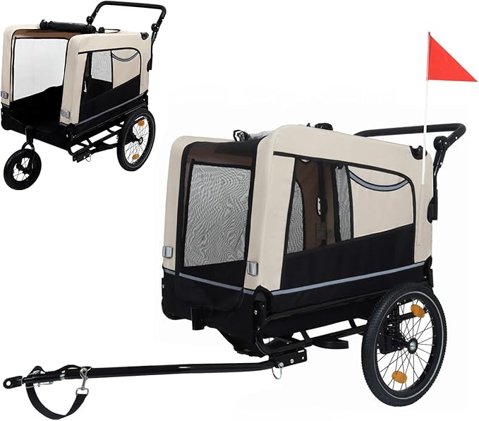 Extra Large Dog Bike Trailer, 2-in-1 Convertible Pet Stroller Cart Bicycle Carrier with Swivel Wheels & Universal Hitch, Foldable Pet/Cargo Carrier for Bicycles Camping Hiking