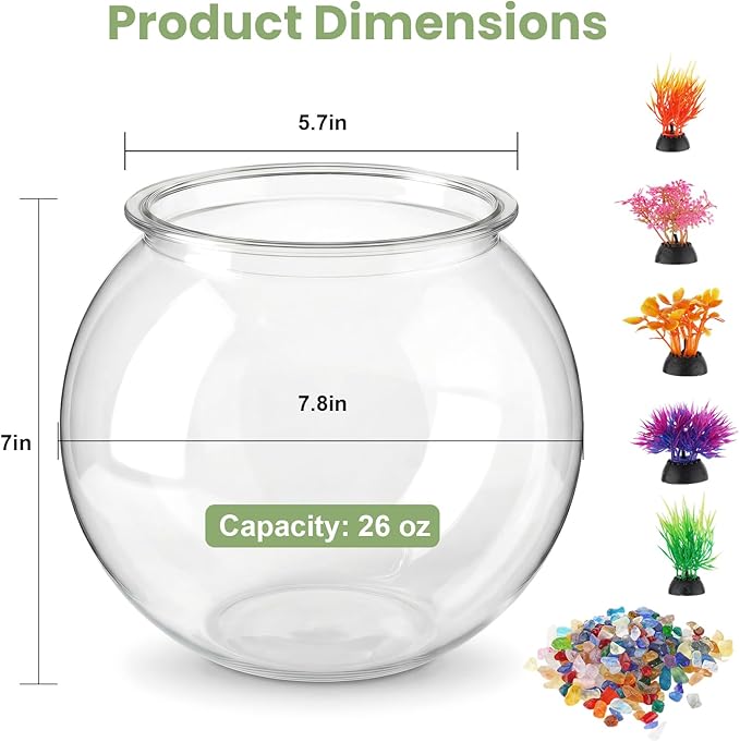 1 Gallon Round Plastic Fish Bowl Set, Crystal Clear Plastic Aquarium for Fish with 5 Decorative Plants and 8.8oz Colorful Stones, Small Fish Tank for Home Decoration
