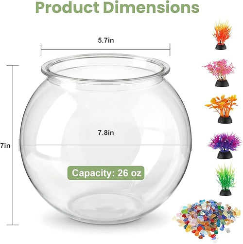 1 Gallon Round Plastic Fish Bowl Set, Crystal Clear Plastic Aquarium for Fish with 5 Decorative Plants and 8.8oz Colorful Stones, Small Fish Tank for Home Decoration