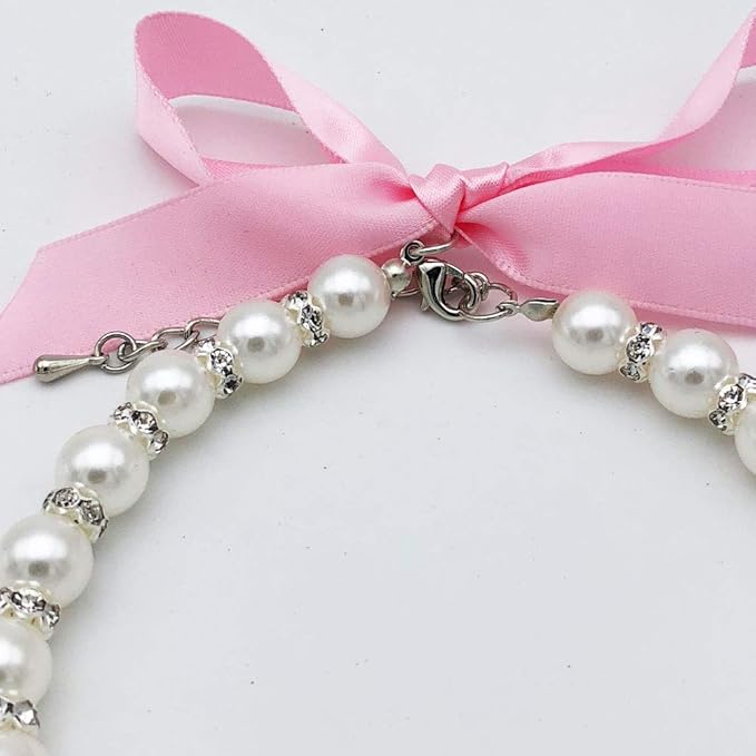 Pearl Crystal Dog Necklace Collar Jewelry for Small Dogs Puppy, Bling Cat Wedding Collar with Rhinestones Charm, Chihuahua Yorkie Clothes Outfits Accessories (Pink Bone, 12 to 14-Inch)