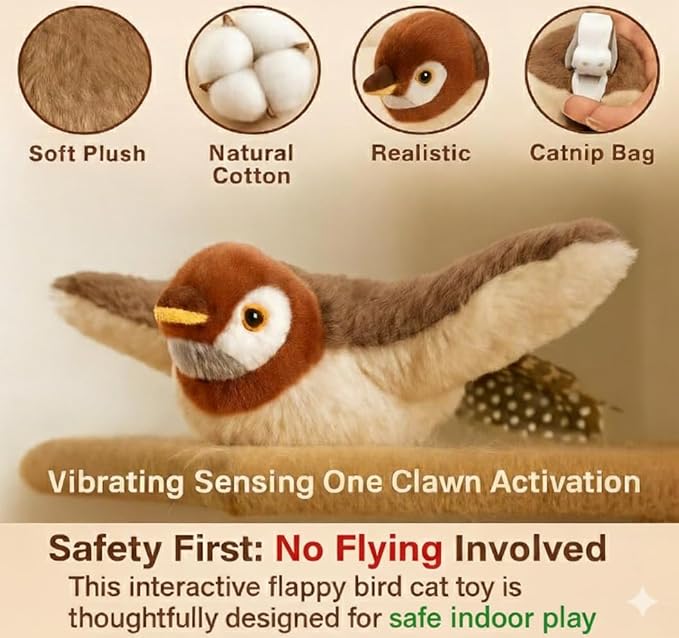 Flappy Bird Cat Toy – Interactive Flapping & Chirping Bird Toy for Cats (No Flying), Indoor Cat Toy for Exercise & Play, Durable Chew Toy for Bored Cats, Catnip Toy for Kitten or Small Dogs