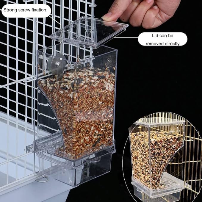 Automatic No-Mess Bird Feeder - Transparent Acrylic Food Container for Small & Medium Lovebirds, Parakeets, Canary, Cockatiel, Finch