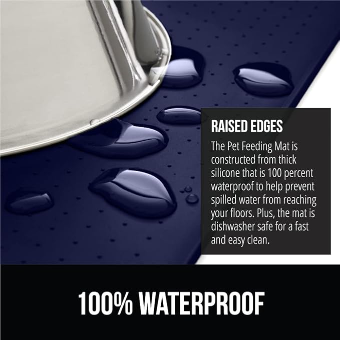 GORILLA GRIP 100% Waterproof Raised Edge BPA Free Silicone Pet Feeding Mat, Dog Cat Food Mats Contain Spills Protects Floors, Placemats for Cats and Dogs Water Bowl, Pets Accessories 32x24 Navy