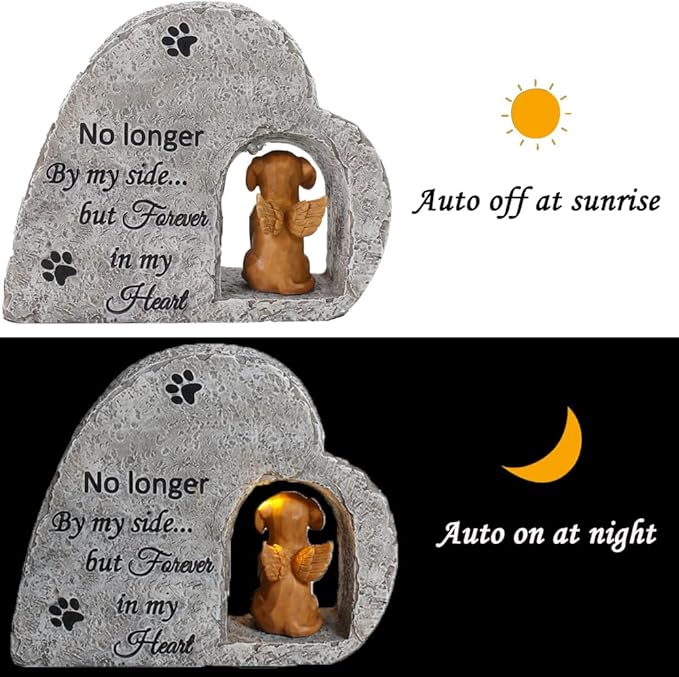 Solar Dog Pet Memorial Stone with A Angel Puppy Memorial Statue, Dog Grave Marker Or Garden Memorial Stone-No Longer by My Side But Forever in My Heart
