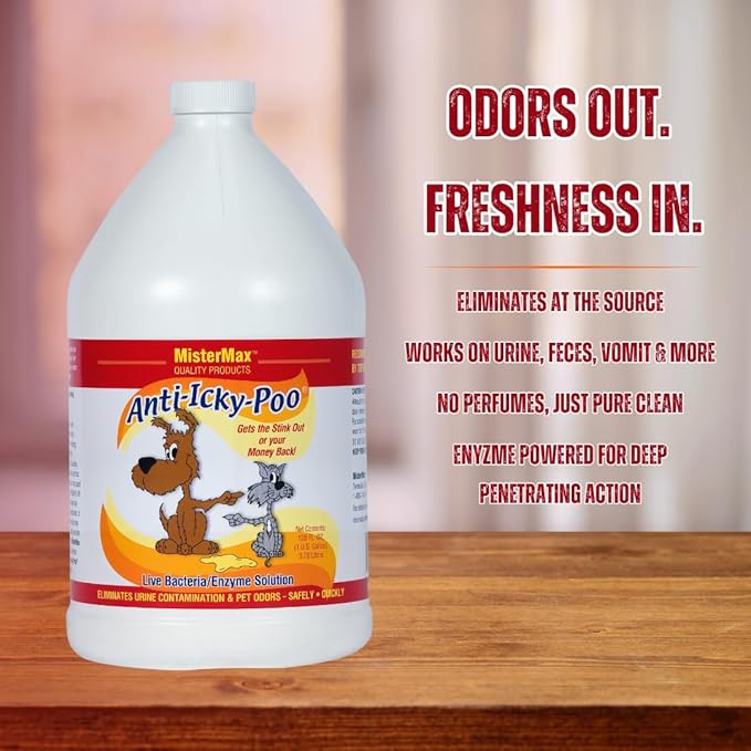 Mister Max Anti Icky Poo Pet Urine Enzyme Cleaner & Feces Odor Remover, Enzymatic Cleaner for Dog & Cat Urine, Pet Odor Remover Spray, 1 Gallon (Original Scent)