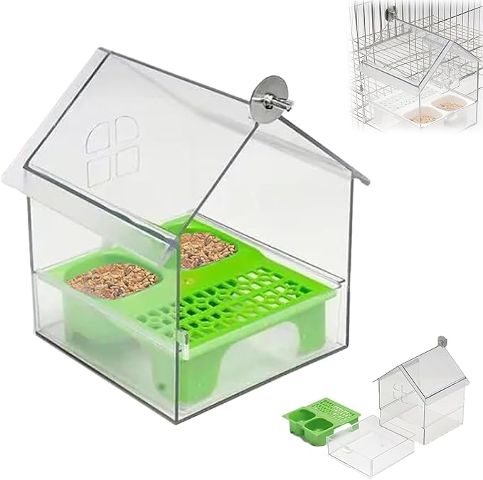 Pull-Out External Parrot Feeder, No Mess Hanging Bird Feeder for Cage, Multi-Function Transparent Bird Seed Platform Parrot Bath Tub Pet Feeding & Watering Supplies Easy to Clean (Green)
