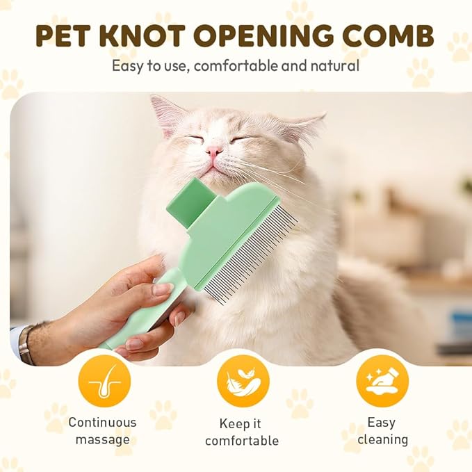 Self Cleaning Pet Hair Removal Comb, Pet Comb with Long Short Stainless Steel Metal Teeth, Cat Grooming Brush, Pet Grooming Supplies for Cat, dog (A - Green - 1 pcs)