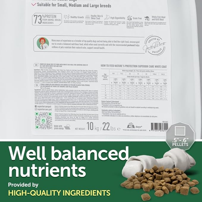 Nature's Protection Dry Puppy Food for Small & Large Breed - High Protein, Grain Free Tear Stain Formula - Dog Kibble for Light Coated Dogs (Superior Care - White Fish, 22 lb)