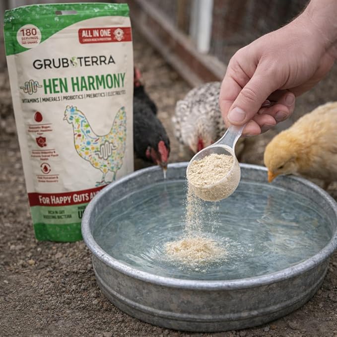 GrubTerra Hen Harmony – All-in-One Chicken Electrolytes for Water with Probiotics & Prebiotics, Daily Gut Supplement and Vitamins Supporting Hydration, Digestion, Egg Production – 180 Servings