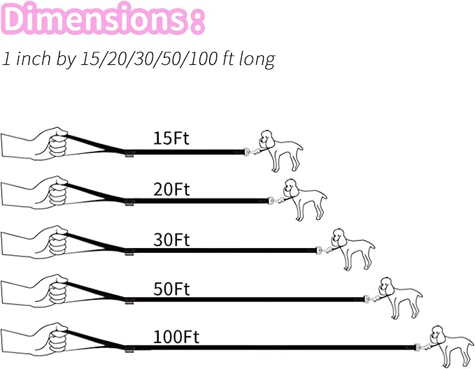 HIKISS Long Dog Leash Obedience Recall Training Agility Lead with Thickening Material for Large Dog - 15ft 20ft 30ft 50ft 100ft Training Leash(Pink 15ft)