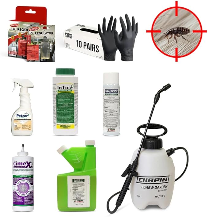 All-in-One Flea & Tick Control Kit – Indoor/Outdoor Program with Flex 10-10, Novacide, Martin’s IGR, InTice 10, CimeXa dust, Petcor 2, Plus Bait Stations, Sprayer & Gloves.