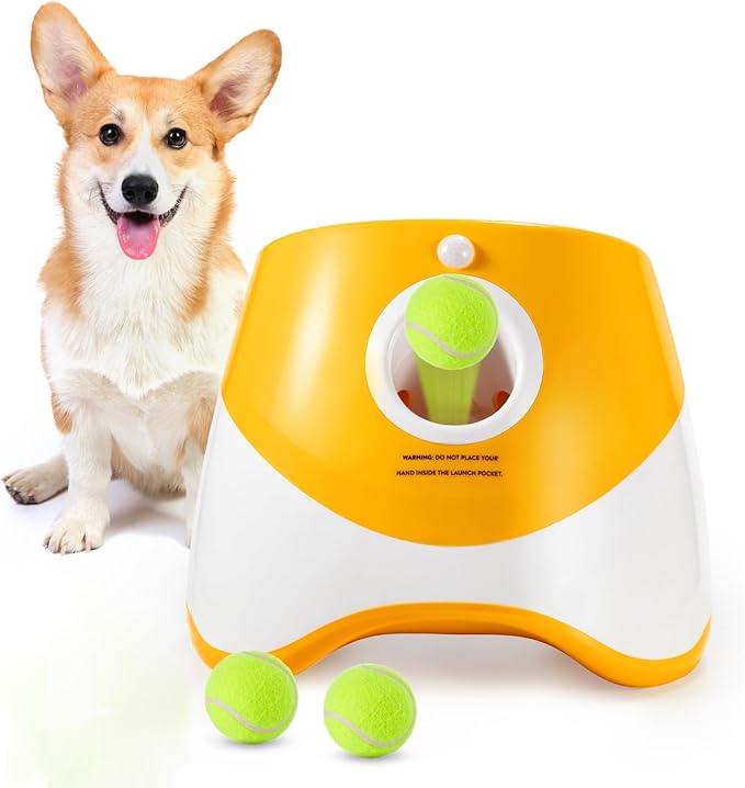 Best Automatic Ball Launcher for Dogs, USB Rechargeable Power - Indoor & Outdoor Dog Ball, Interactive Dog Fetch Tennis Ball Launcher Machine Toy for Small and Medium Dogs Comes with 3 Tennis Balls