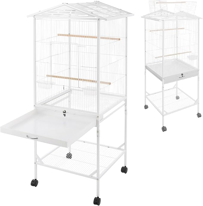 Large Bird Cage with Stand & Wheels, Freestanding Parakeet Birdcage with Wooden Stands & Feeding Cups, 49.2 Inch Bird Flight Cages for Parrot Canaries Cockatiels Budgie Parrotlet (White-C)