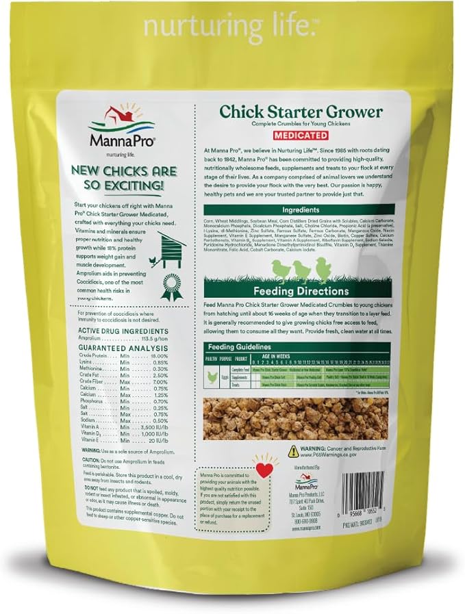 Manna Pro Medicated Chick Starter Grower, Crumbled Chick Feed with Amprolium, Complete Nutrition for Young Chickens, Supports Healthy Growth and Coccidiosis Prevention, 6-Pack of 5 lb Bags