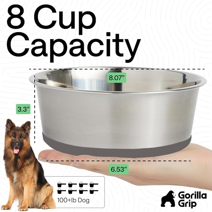 GORILLA GRIP Set of 2 Dog Bowls, Holds 8 Cups (64 fl oz), Heavy Duty Metal Food and Water Bowl for Feeding Dogs and Cats, Dishwasher Safe, Rust Resistant Stainless Steel, BPA Free Rubber Base, Gray