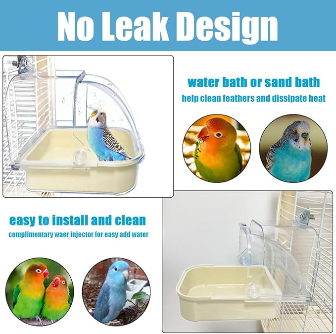 Bird Bath for Cage, Cleaning Pet Supplies Cockatiel Bird Bathtub with Hanging Hooks for Little Bird Parrots Spacious Parakeets Portable Shower for Most Birdcage (Yellow)