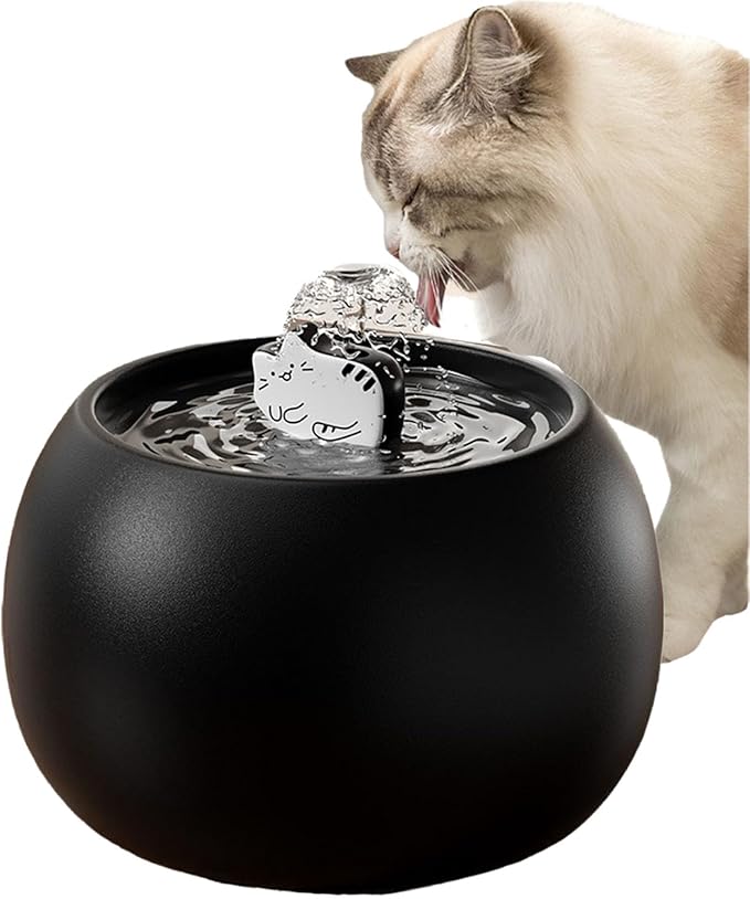 Ceramic Cat Water Fountain -50oz/1.5L Cat Fountain for Drinking- Pet Water Fountain for Cats Indoor - Automatic Water Dispenser Bowl - Cat Feeding & Watering Supplies for Small Dog，Black