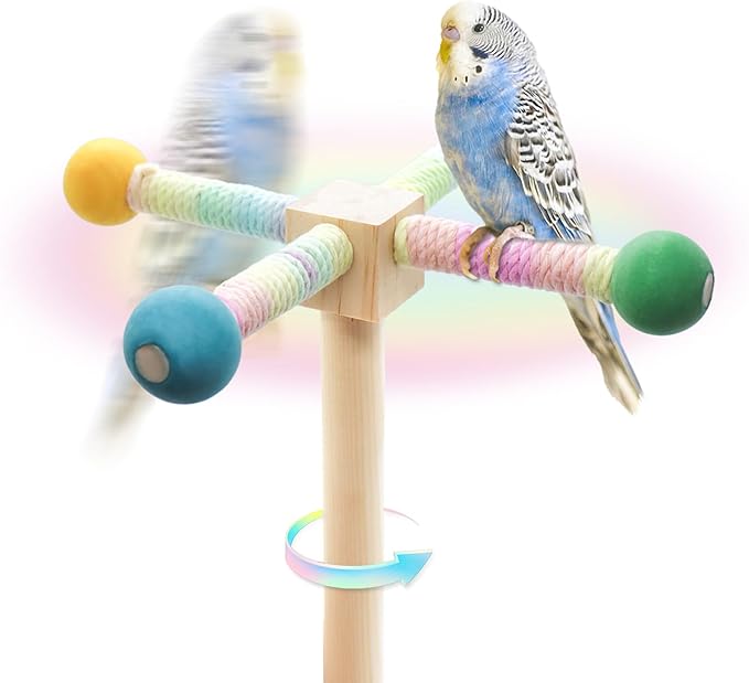 Bird Rotating Perch Toys,Parakeet Interactive Stand Perch Chew Toy,Wooden Exercise Wheel Parrot Toys,Cockatiel Toys for Bird Cage Accessories for Small and Medium Parrots (4 Perch)