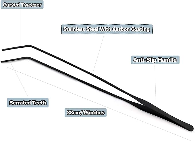 15 inch Black Curved Aquarium Tweezers Stainless Steel Curved Tweezer with Carbonation Protection Coating Against Rust Long Reptiles Feeding Tongs for Aquatic Plants Lizards Spider Snakes