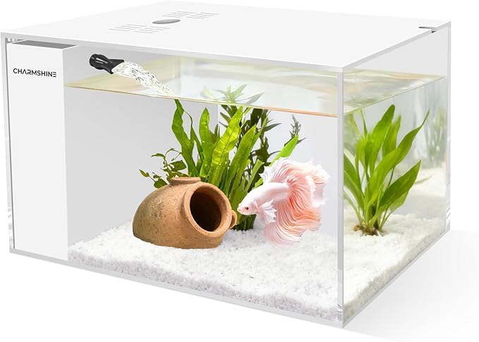 Small Fish Tank Betta 2.5 Gallon Desktop Aquarium Kit with LED Light and Water Pump & Black Filter Sponge & Bio Ball Filter Media Compact Aquarium for Betta Fish, Shrimp(White)