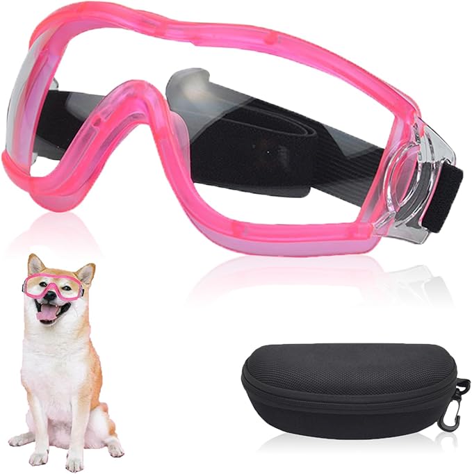 Dog Sunglasses Pet Goggles for Medium Large UV Protection Wind Protection Dust Protection Adjustable Strap Dog Glasses Suitable for Snow Beach Motorcycle (Pink Frame Transparent)