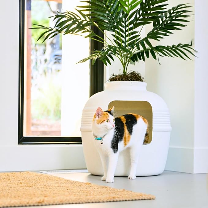 Good Pet Stuff Hidden Litter Box Planter, Decorative Cat Litter Enclosure with Carbon Filter, Artificial Plant, Easy Clean, Removable Liner, Round Style, Essentials Kit, Classic White
