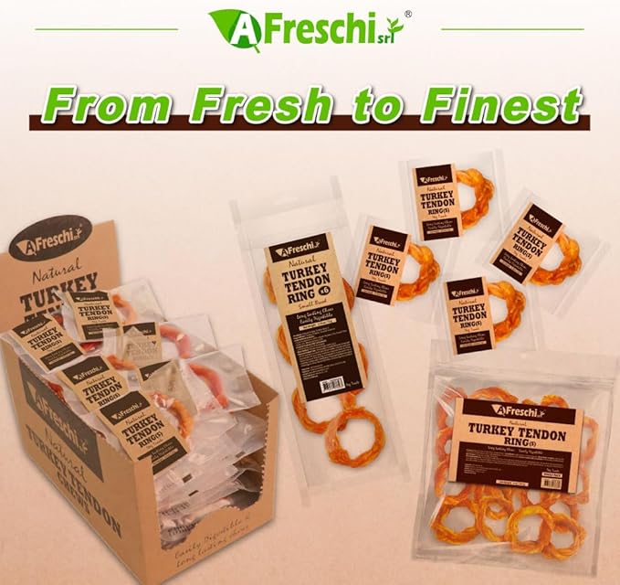 A Freschi srl Turkey Tendons for Dogs, USA-Sourced, Healthy Dog Treats, Rawhide-Free Puppy Chews, Long Lasting, All Natural, Hypoallergenic Dog Treats for Small Breeds, 6 Count Pack Ring (S)