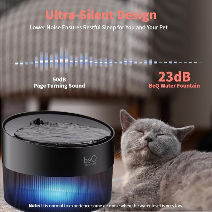 beQ Cat Water Fountain,2.5L/84oz Indoor Ultra-Quiet Pet Water Dispenser, BPA Free, Visible Water Level, Suitable for Cats, Small Dogs, and Other Pets, with Large Size Filter