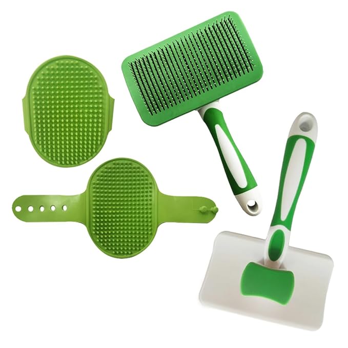 2 Pcs Self Cleaning Slicker Brush & Bath Brush For Dogs and Cats - Skin Friendly Deshedding Grooming Tool, Premium Pet Supplies, Green