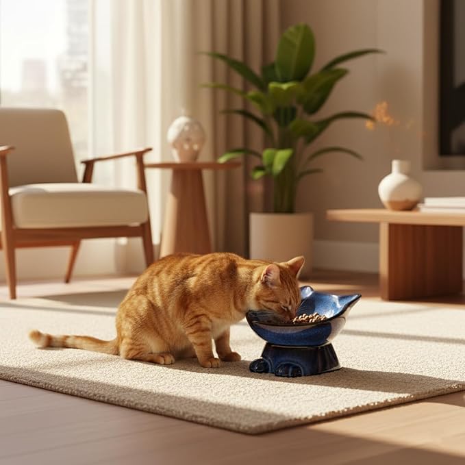 Nihow Slanted Elevated Cat Bowls: 6.25 Inch Ceramic Raised Cat Food Bowl for Protecting Pet's Spine - Microwave & Dishwasher Safe -Elegant Blue & Black (6.8 OZ /1 PC)