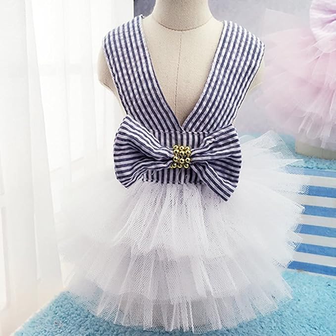 Dog Dresses, Fashion Pet Dog Clothes, Striped Mesh Puppy Dogs Princess Dresses (Blue, Large)