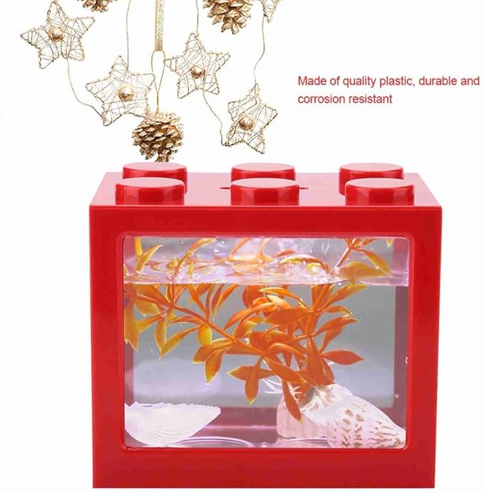 Mini USB LED Aquarium Fish Bowl Plastic Tank with White Light for Desk Tabletop Decor Energy-Saving Office Accent(Red)