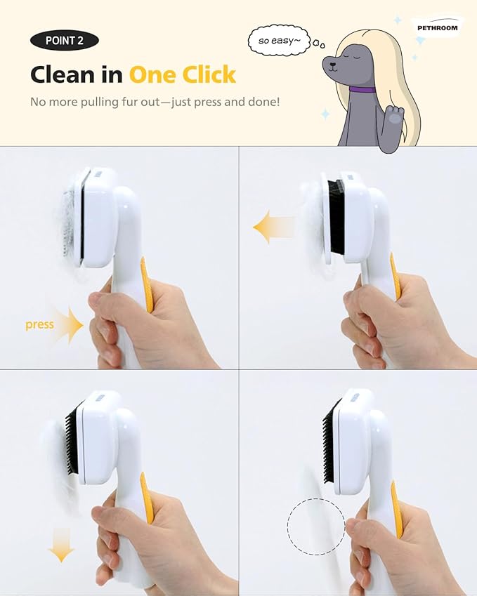 PETHROOM Pet Healing Slicker Brush with One-Touch Clean Button | Gentle Grooming Brush for Dogs & Cats | Removes Shedding, Mats & Tangles with Coated Tips, White & Yellow