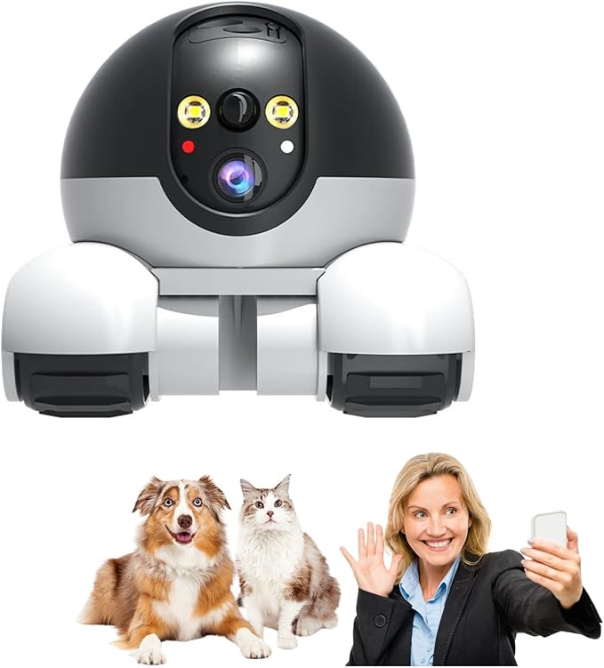 Bewinner Smart Security Camera, 2MP Double Lens Home Baby Pet Monitor with Wheels, Two Way Audio, 1080P WiFi Movable Cat Dog Camera, One Key Following & Remote Control