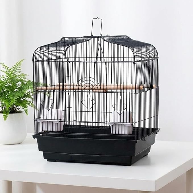 Portable Bird Travel Cage, Metal Carrier Flight Bird Cage with Food Container, Wooden Perch & Pull-Out Tray for Parrots, Canaries, Cockatiels, Lovebirds, Conures Black