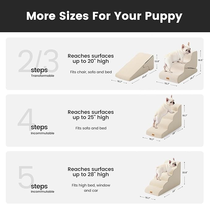 Gardner Pet Dog Stairs for Small Dogs 19.7" H, 4-Step Beige Curved Pet Stairs, Dog Steps for High Bed (18-24 in), Couch with Durable Non-Slip Waterproof Fabric Cover and CertiPUR-US Certified Foam