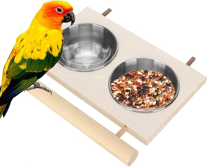 Bird Feeding Dish Cup with Wood Stand Stainless Steel Parrot Food Bowl Water Feeder Cage Accessories with Perch for Cockatiel Parakeet