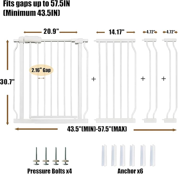 Extra Wide Baby Gate 53-57.5 Inch, Tension Mounted No Drilling, Auto Close Indoor Safety Gate for Stairs & Doorways - Metal Design for Kids and Pets, White