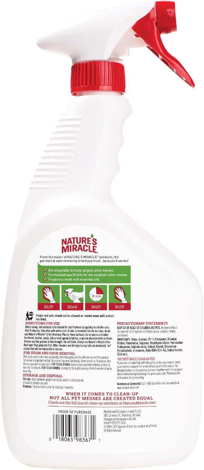 Nature’s Miracle Urine Destroyer Plus Cat,32 Ounces,Unscented,Enzymatic Formula,Ready-to-Use,(Pack of 12)