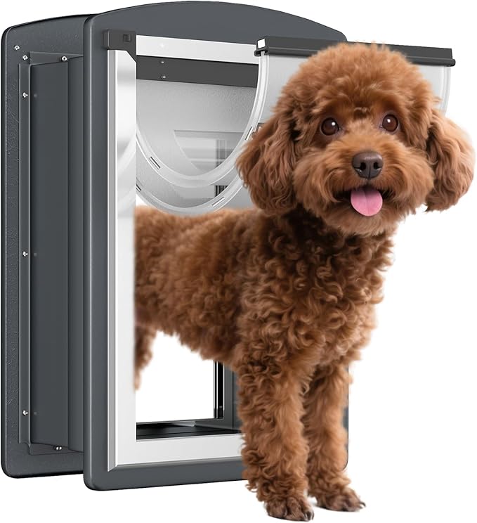 FreeStanding Dog Door for Wall, Steel Frame Doggy Door with Telescoping Tunnel, Double Magnetic Flaps and Double Security Lock Panels, Dog Door for Exterior and Interior Wall, Up to 40lbs, Smoky Gray