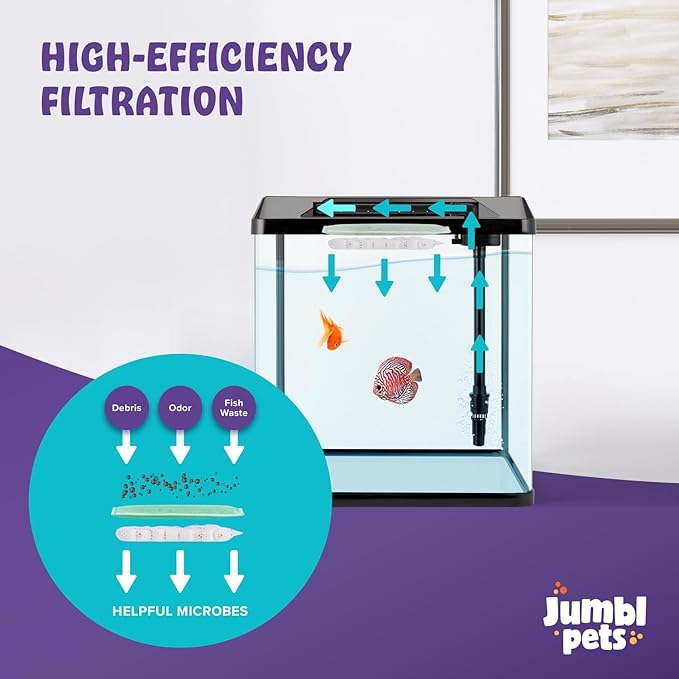 JumblPets Starter Fish Aquarium Kit, 2 Gallon, Complete Beginner Glass Fish Tanks Set with LED Lighting, Internal Filtration System, Filter Media Set, Hood & Lid, Ideal for Freshwater and Marine Fish