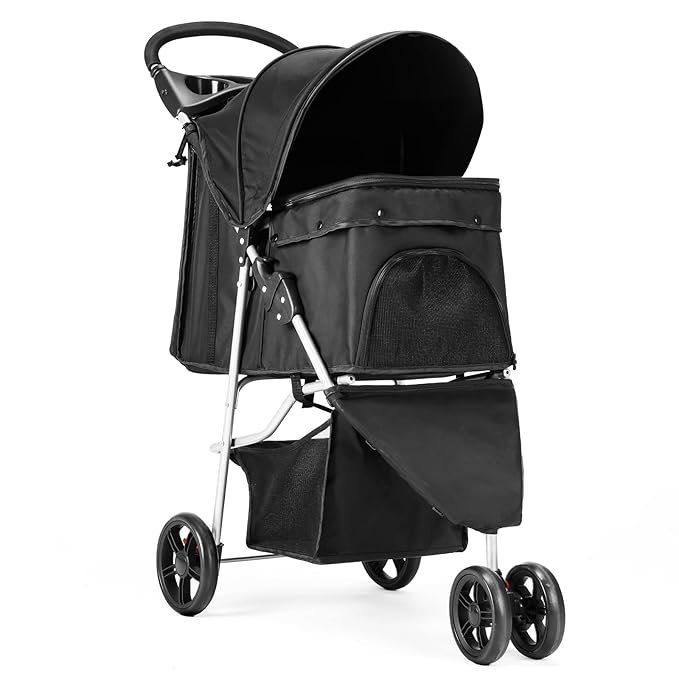 DUMOS 3 Wheels Pet Stroller for Small Dogs and Cats – Foldable Dog Stroller with Mesh Windows, Storage Basket & Cup Holder, Lightweight & Durable Pet Carrier for Travel, Outdoor Use – Black